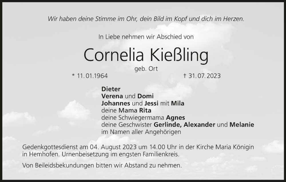  Traueranzeige für Cornelia Kießling vom 02.08.2023 aus MGO