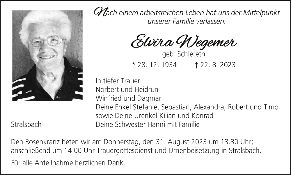  Traueranzeige für Elvira Wegemer vom 26.08.2023 aus MGO