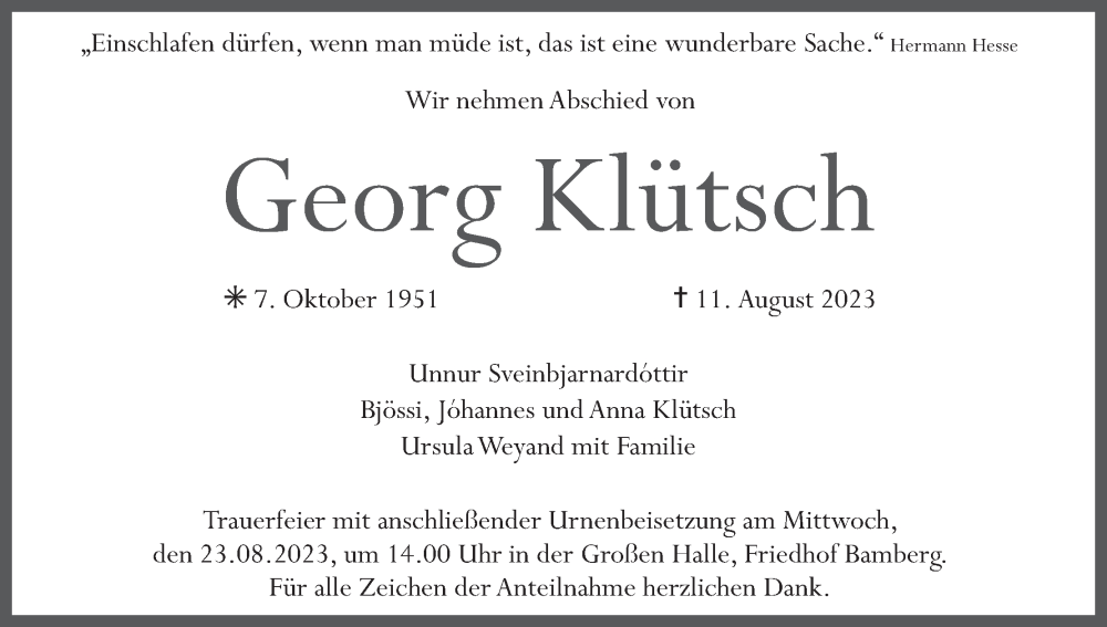  Traueranzeige für Georg Klütsch vom 19.08.2023 aus MGO