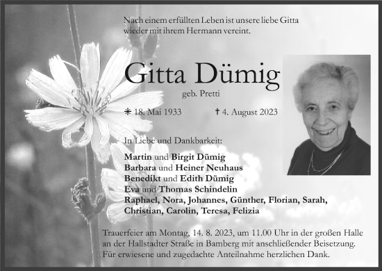 Anzeige von Gitta Dümig von MGO
