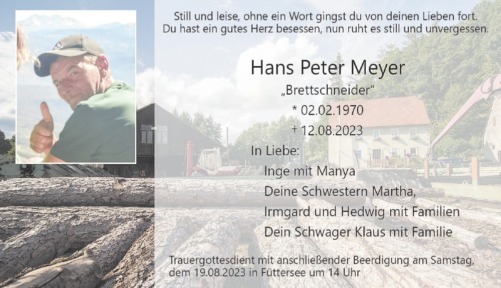  Traueranzeige für Hans Peter Meyer vom 17.08.2023 aus MGO