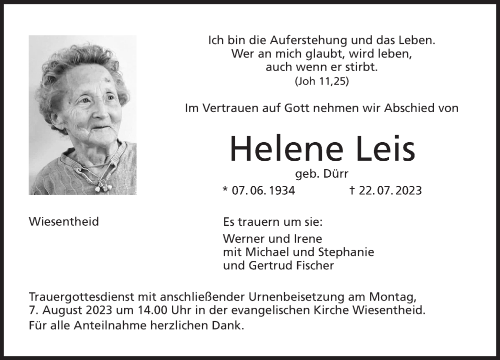  Traueranzeige für Helene Leis vom 04.08.2023 aus MGO