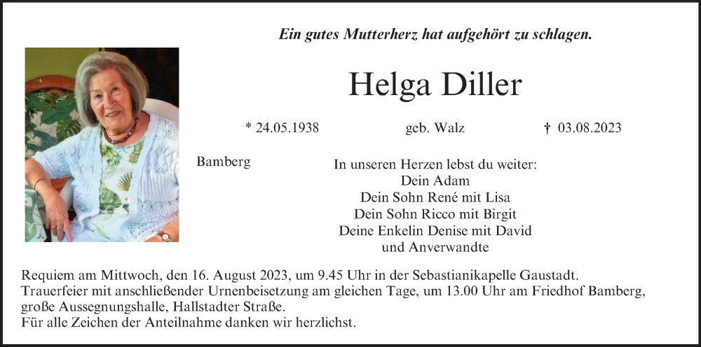  Traueranzeige für Helga Diller vom 12.08.2023 aus MGO