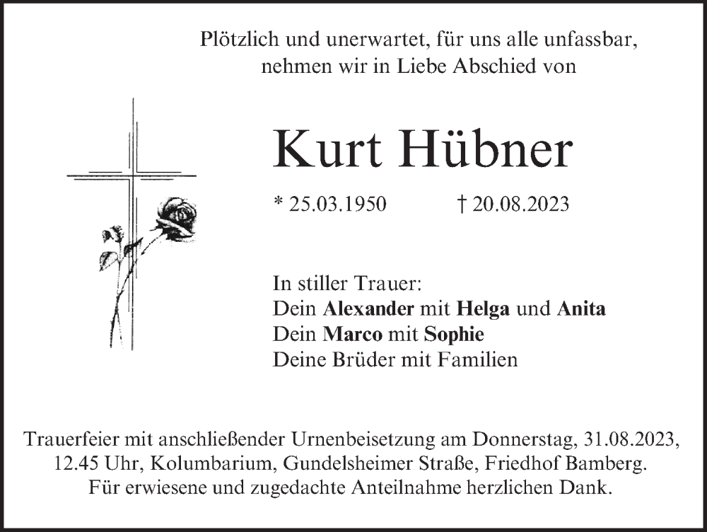  Traueranzeige für Kurt Hübner vom 26.08.2023 aus MGO