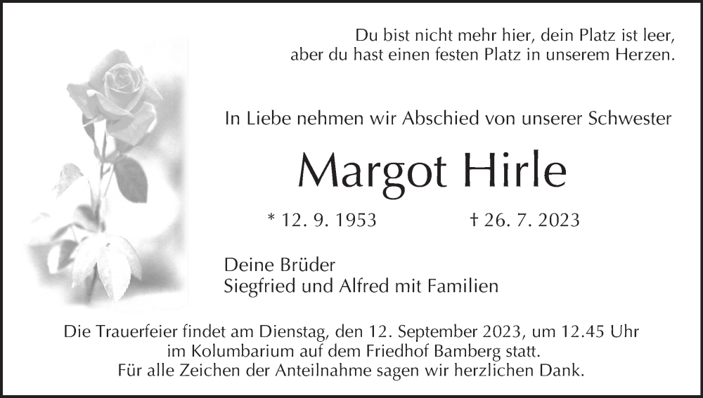  Traueranzeige für Margot Hirle vom 05.08.2023 aus MGO