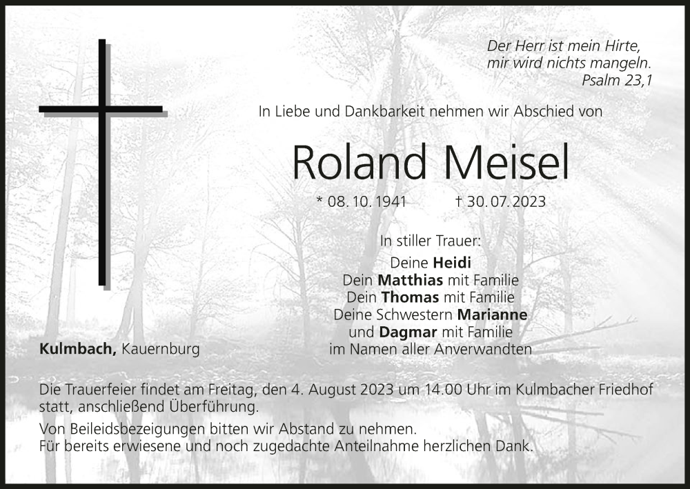  Traueranzeige für Roland Meisel vom 02.08.2023 aus MGO