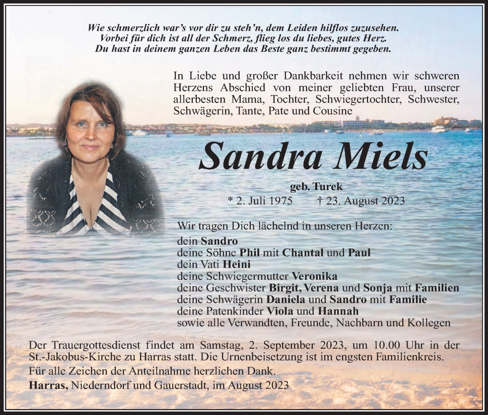  Traueranzeige für Sandra Miels vom 26.08.2023 aus MGO