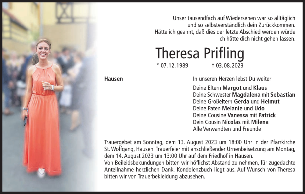  Traueranzeige für Theresa Prifling vom 11.08.2023 aus MGO