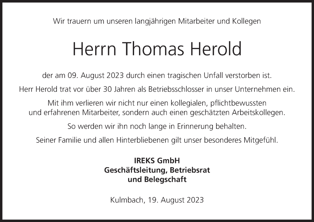  Traueranzeige für Thomas Herold vom 19.08.2023 aus MGO