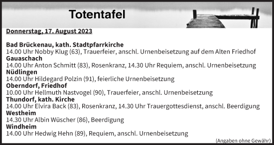 Anzeige von Totentafel vom 17.08.2023 von MGO