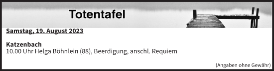 Anzeige von Totentafel vom 19.08.2023 von MGO