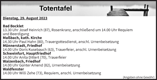Anzeige von Totentafel vom 29.08.2023 von MGO