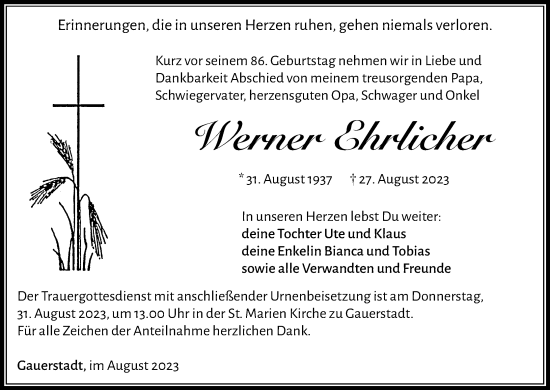Werner Ehrlicher | Traueranzeige | trauer.inFranken.de