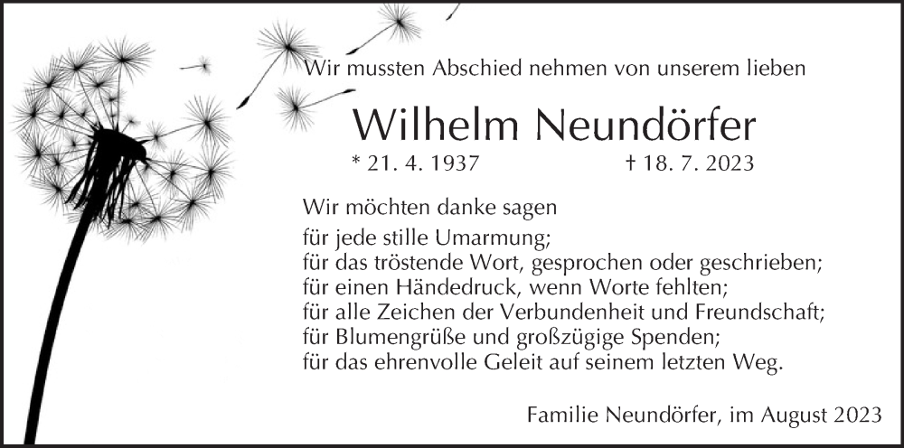  Traueranzeige für Wilhelm Neundörfer vom 12.08.2023 aus MGO