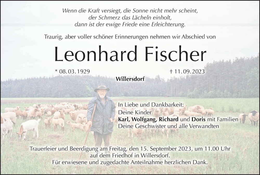  Traueranzeige für Leonhard Fischer vom 13.09.2023 aus MGO