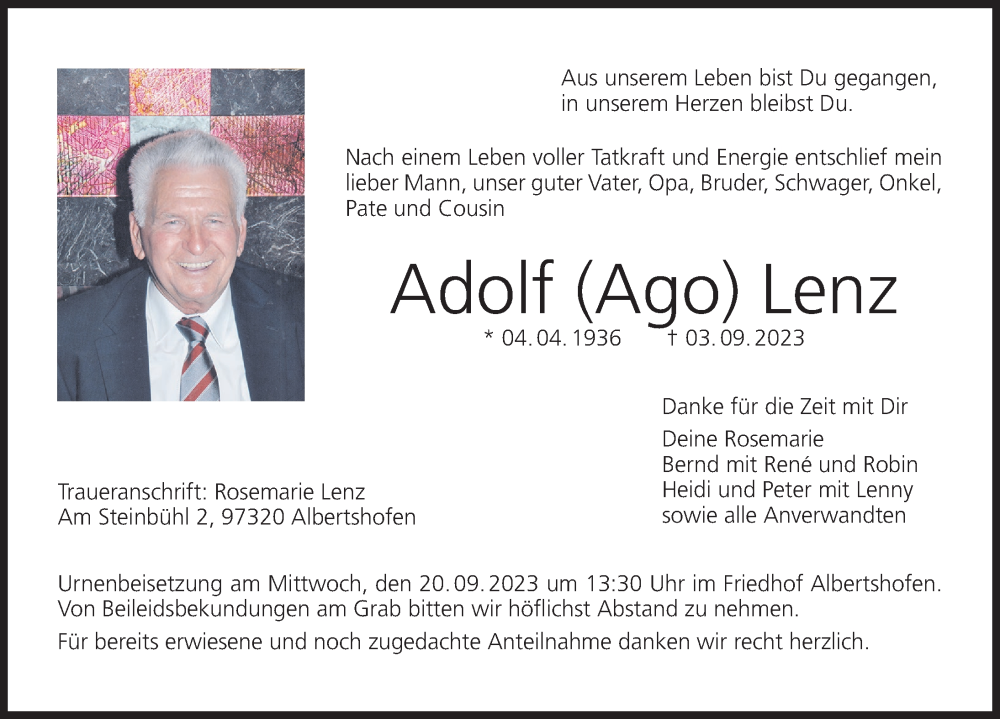  Traueranzeige für Adolf Lenz vom 16.09.2023 aus MGO