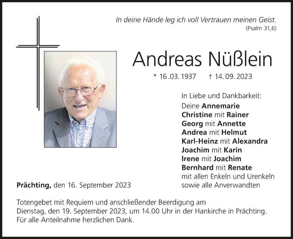  Traueranzeige für Andreas Nüßlein vom 16.09.2023 aus MGO