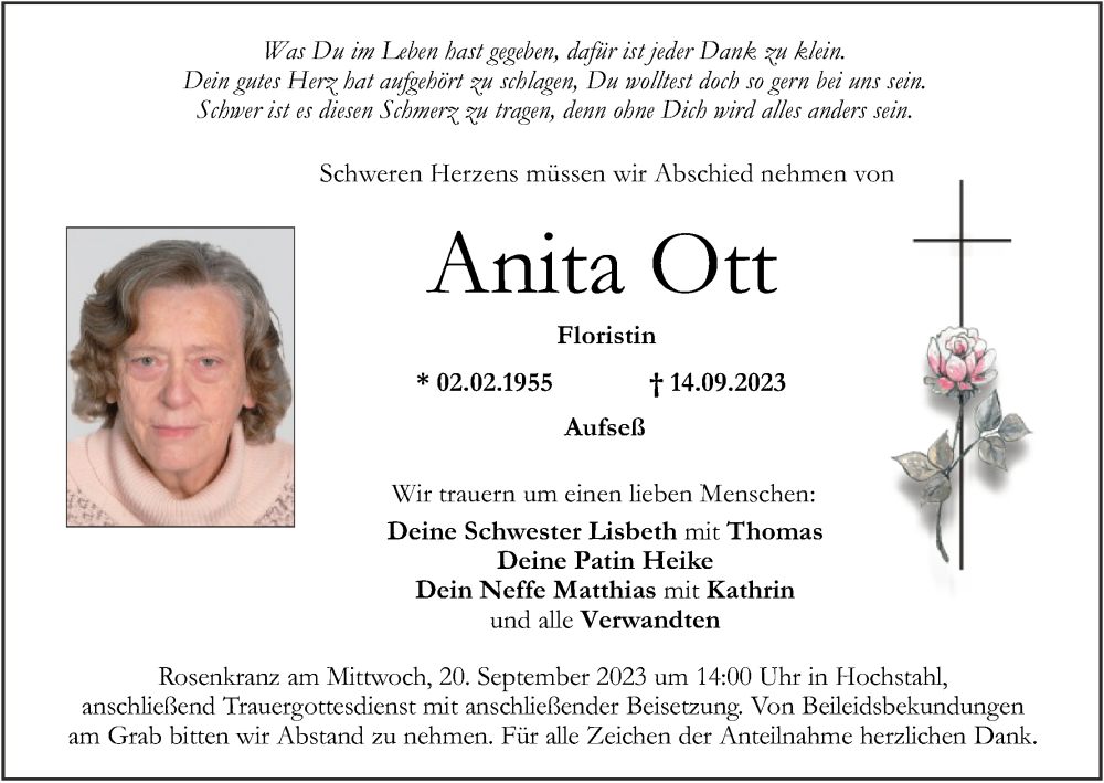  Traueranzeige für Anita Ott vom 16.09.2023 aus MGO
