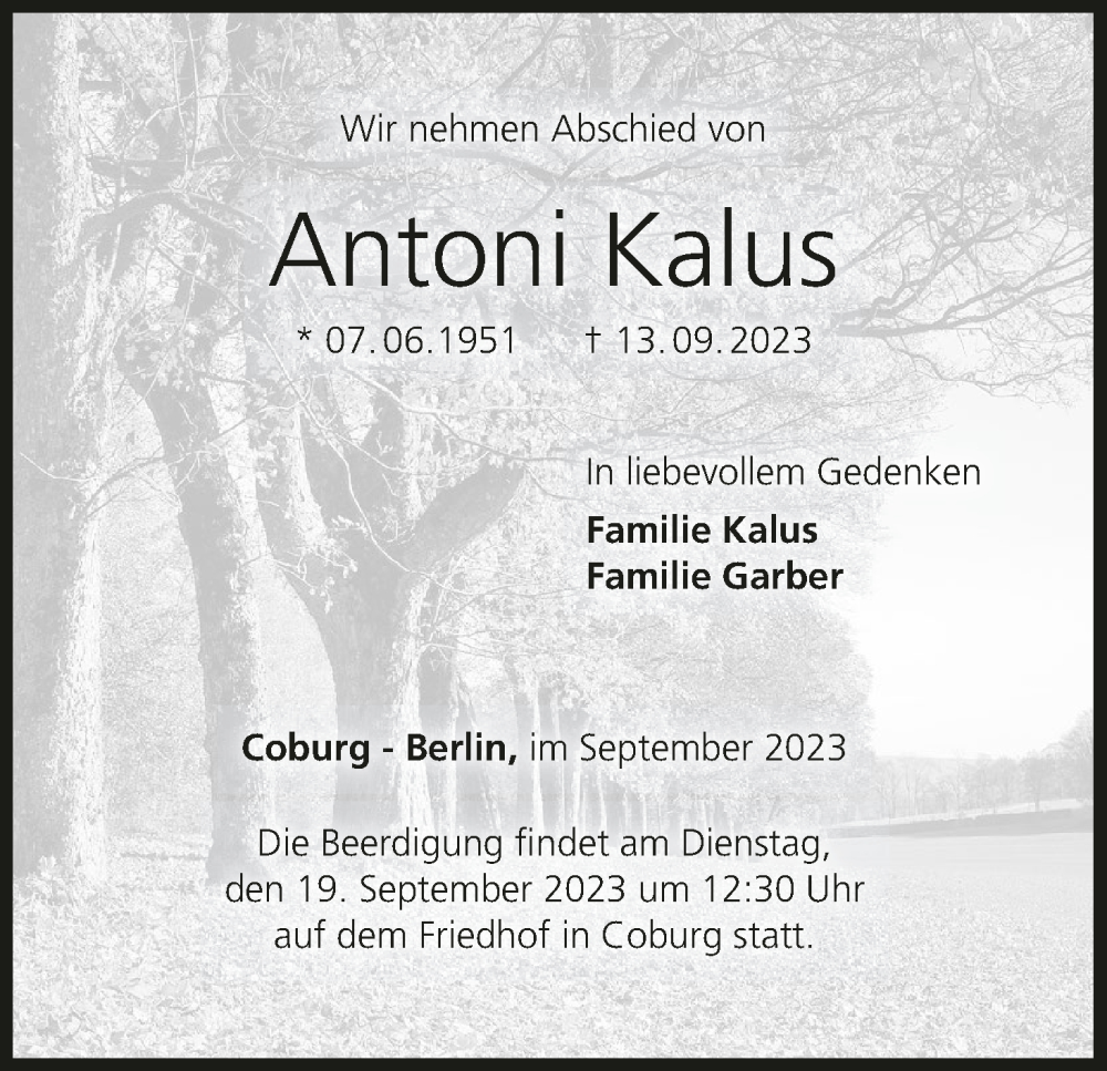  Traueranzeige für Antoni Kalus vom 16.09.2023 aus MGO