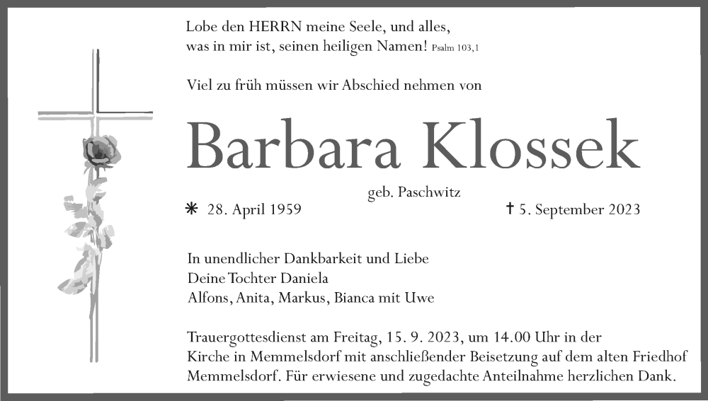  Traueranzeige für Barbara Klossek vom 09.09.2023 aus MGO