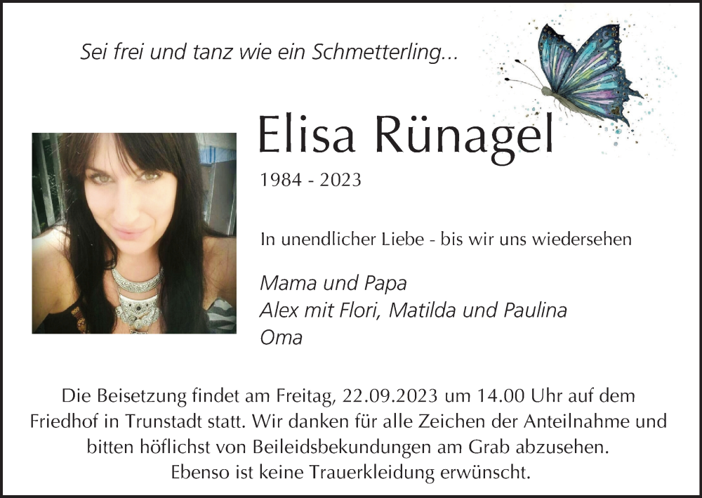  Traueranzeige für Elisa Rünagel vom 16.09.2023 aus MGO