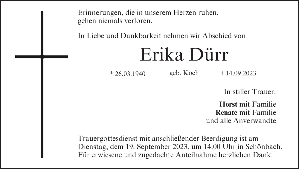  Traueranzeige für Erika Dürr vom 16.09.2023 aus MGO