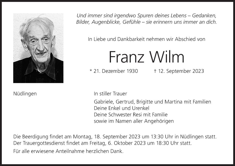  Traueranzeige für Franz Wilm vom 16.09.2023 aus MGO