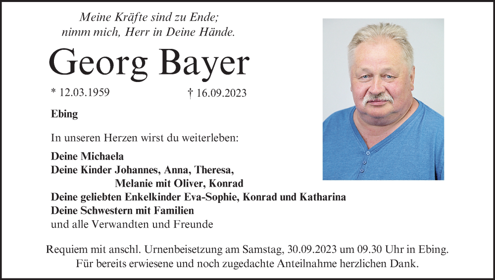  Traueranzeige für Georg Bayer vom 23.09.2023 aus MGO