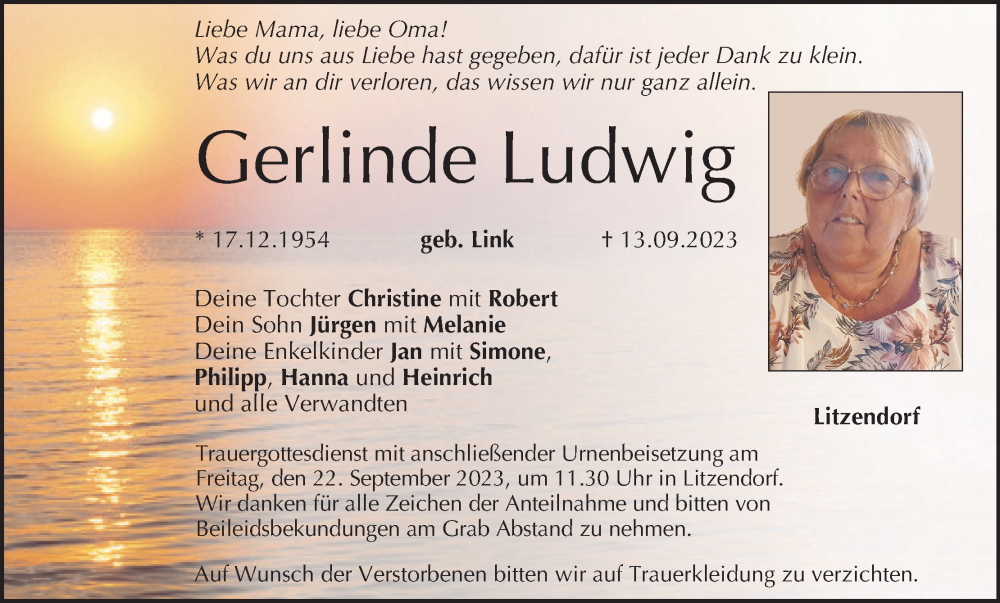  Traueranzeige für Gerlinde Ludwig vom 16.09.2023 aus MGO