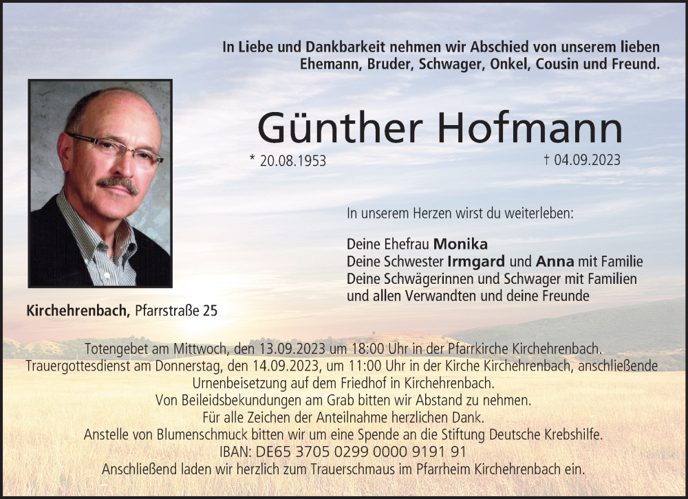  Traueranzeige für Günther Hofmann vom 09.09.2023 aus MGO