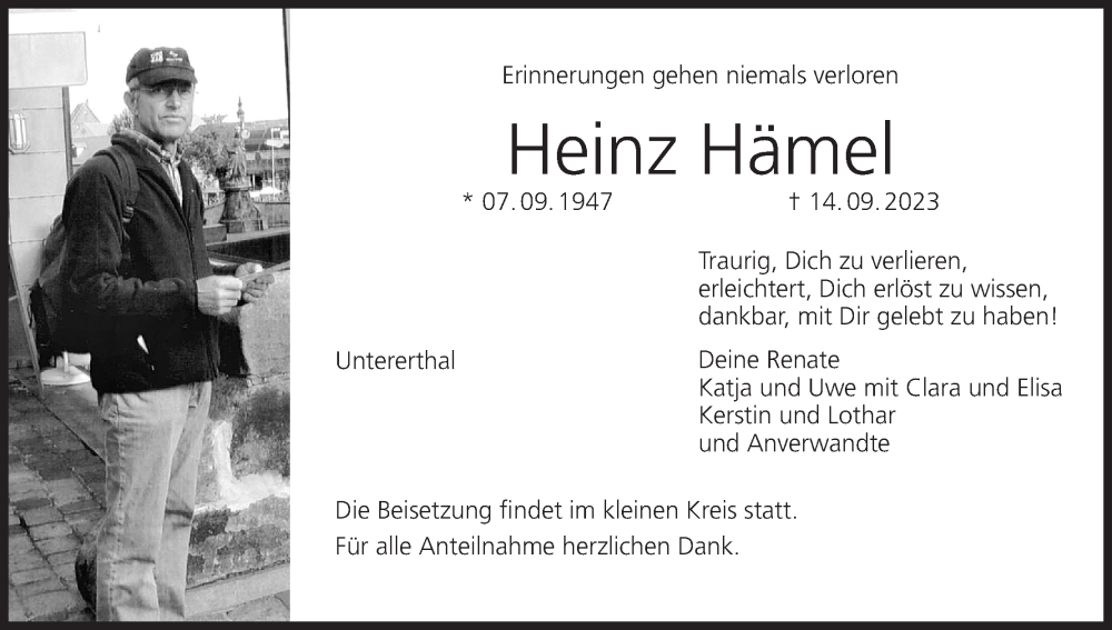  Traueranzeige für Heinz Hämel vom 23.09.2023 aus MGO