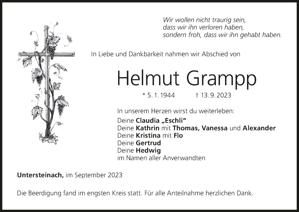 Traueranzeige für Helmut Grampp vom 18.09.2023 aus MGO