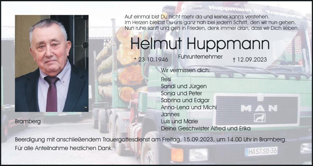  Traueranzeige für Helmut Huppmann vom 14.09.2023 aus MGO