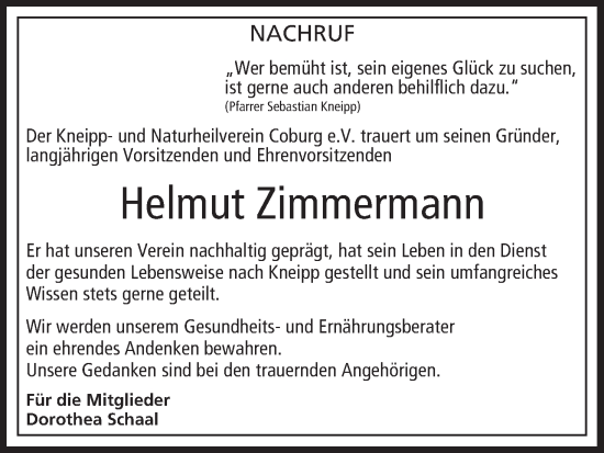 Helmut Zimmermann Traueranzeige trauer.inFranken.de