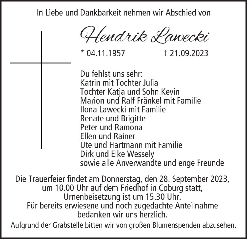  Traueranzeige für Hendrik Lawecki vom 27.09.2023 aus MGO