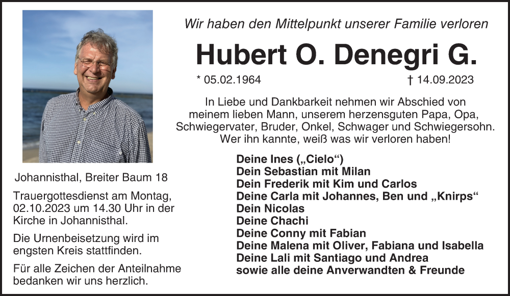  Traueranzeige für Hubert O. Denegri G. vom 23.09.2023 aus MGO