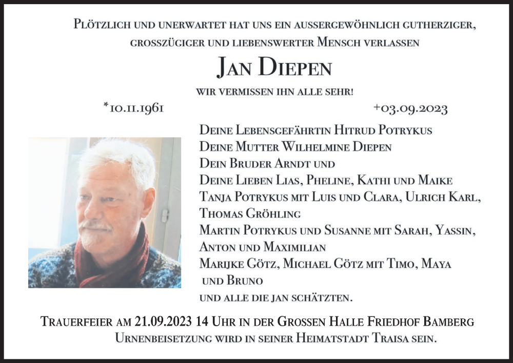  Traueranzeige für Jan Diepen vom 16.09.2023 aus MGO