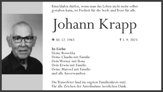 Traueranzeige von Johann Krapp