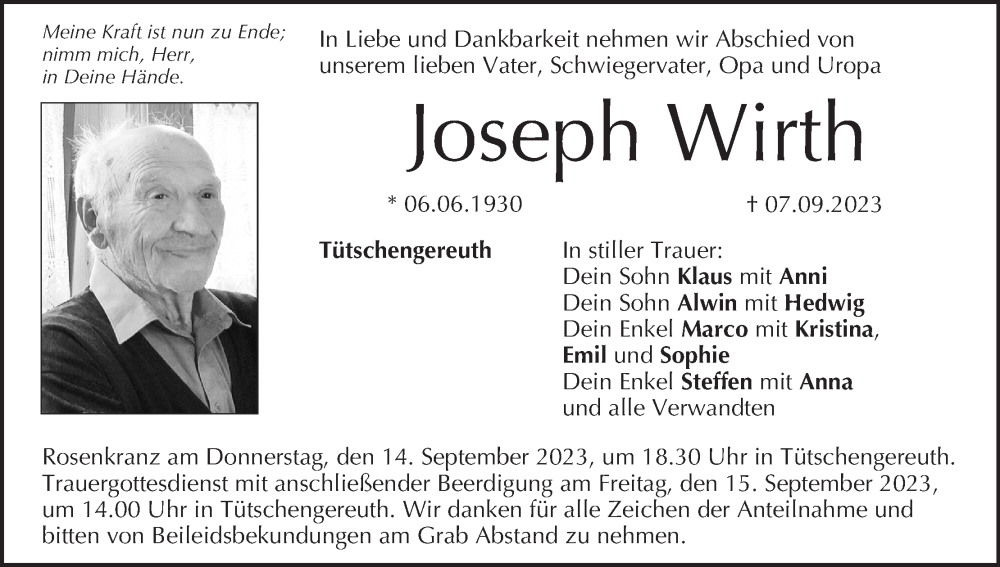  Traueranzeige für Joseph Wirth vom 13.09.2023 aus MGO