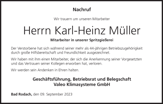 Anzeige von Karl-Heinz Müller von MGO