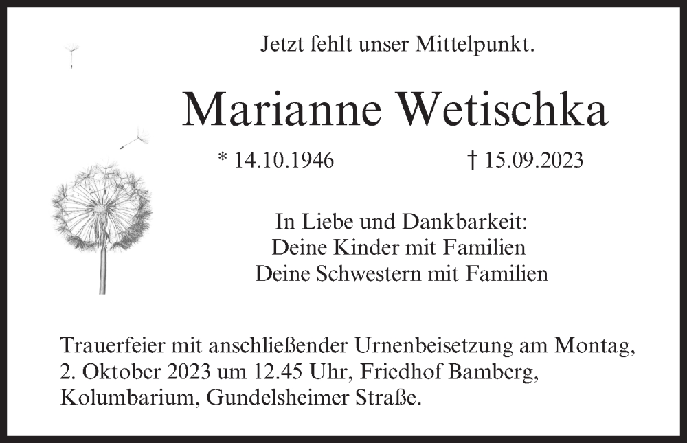  Traueranzeige für Marianne Wetischka vom 23.09.2023 aus MGO