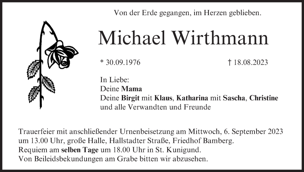  Traueranzeige für Michael Wirthmann vom 02.09.2023 aus MGO