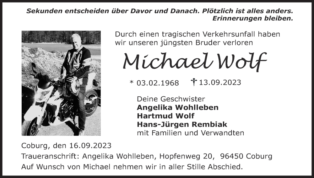  Traueranzeige für Michael Wolf vom 16.09.2023 aus MGO