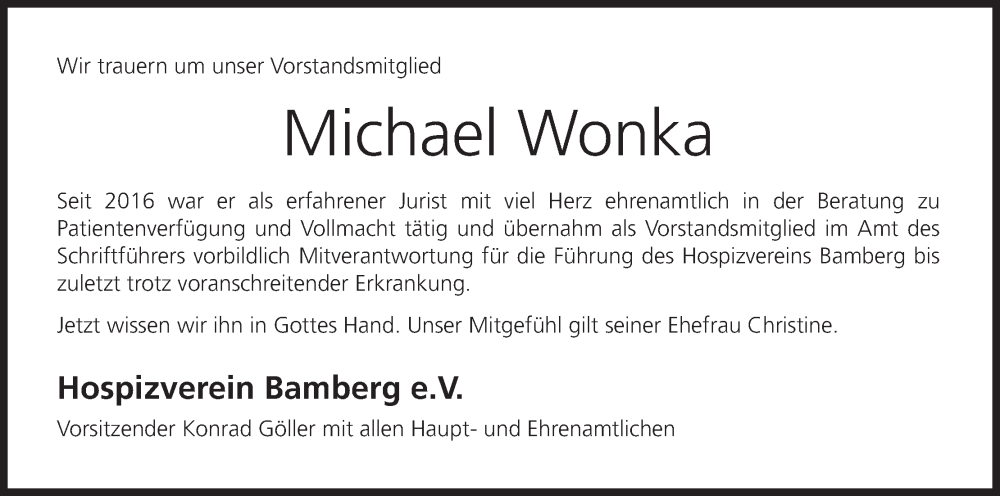  Traueranzeige für Michael Wonka vom 02.09.2023 aus MGO