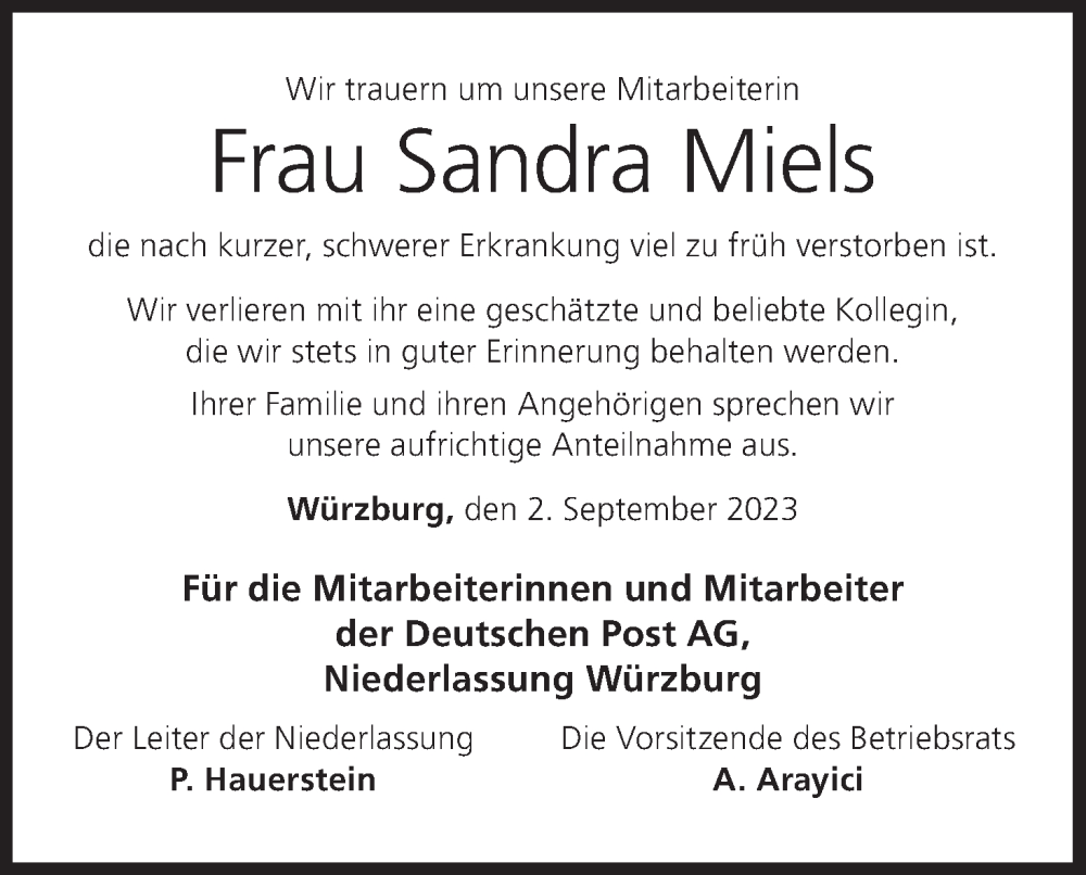  Traueranzeige für Sandra Miels vom 02.09.2023 aus MGO