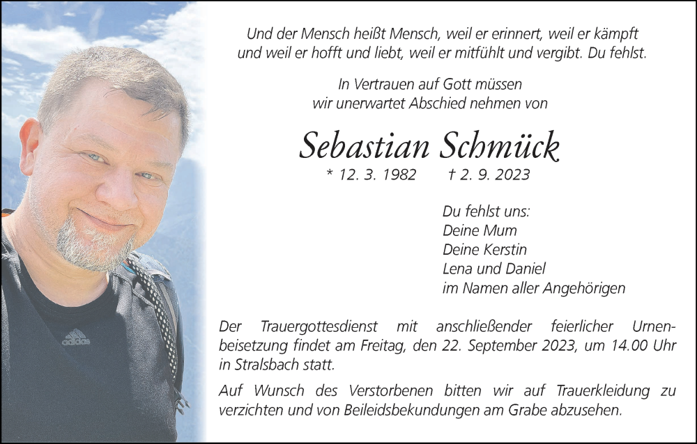  Traueranzeige für Sebastian Schmück vom 16.09.2023 aus MGO