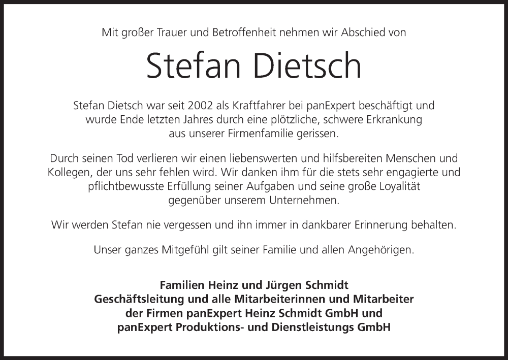 Traueranzeige für Stefan Dietsch vom 16.09.2023 aus MGO