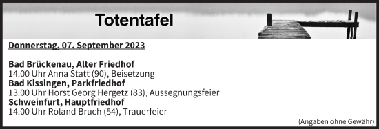 Anzeige von Totentafel vom 07.09.2023 von MGO