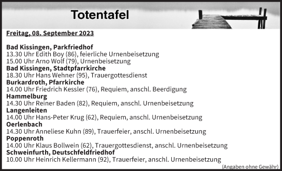 Anzeige von Totentafel vom 08.09.2023 von MGO