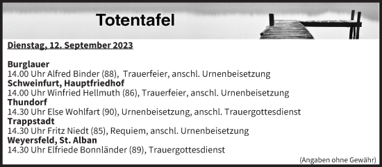 Anzeige von Totentafel vom 12.09.2023 von MGO